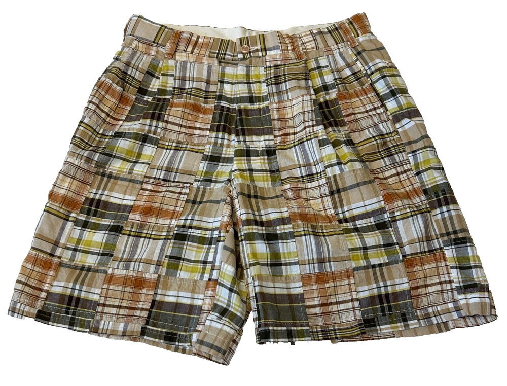 Jos A Bank Men's Madras Patchwork Shorts Size 32 Tan Plaid Preppy Cotton